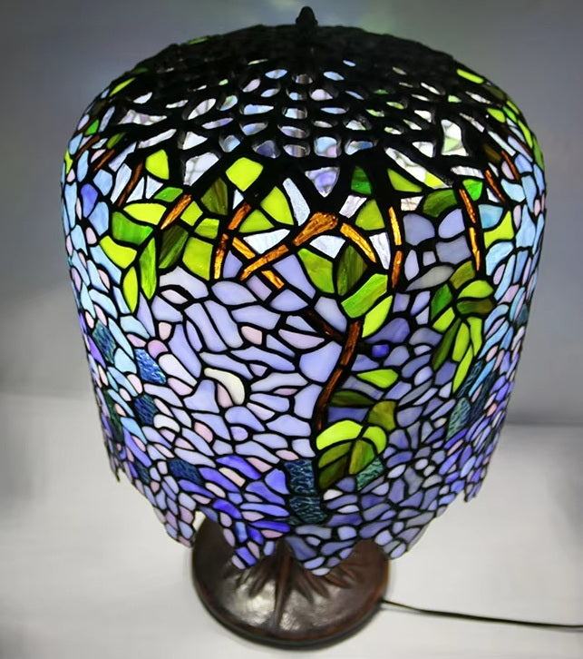 Limited Edition@Blue Wisteria Tiffany Stained Glass Table Lamp with Trunk Base