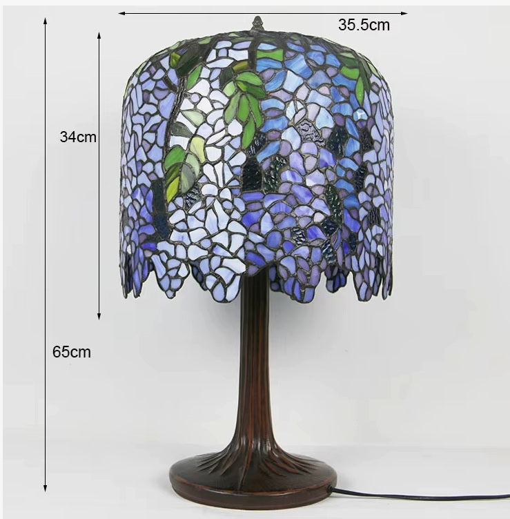 Limited Edition@Blue Wisteria Tiffany Stained Glass Table Lamp with Trunk Base