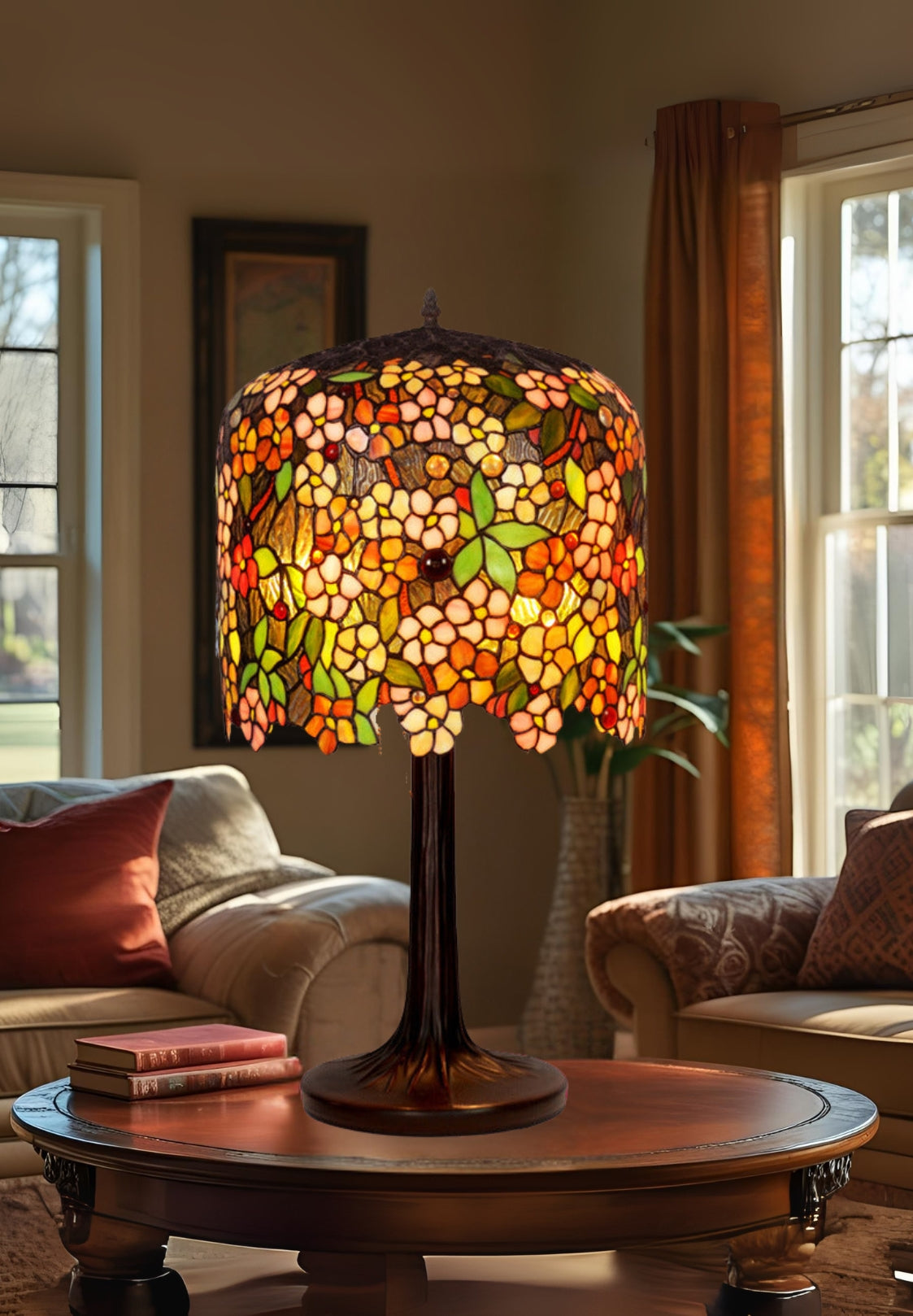 Museum Quality apple blossom Tiffany Stained Glass Table Lamp with Trunk Base