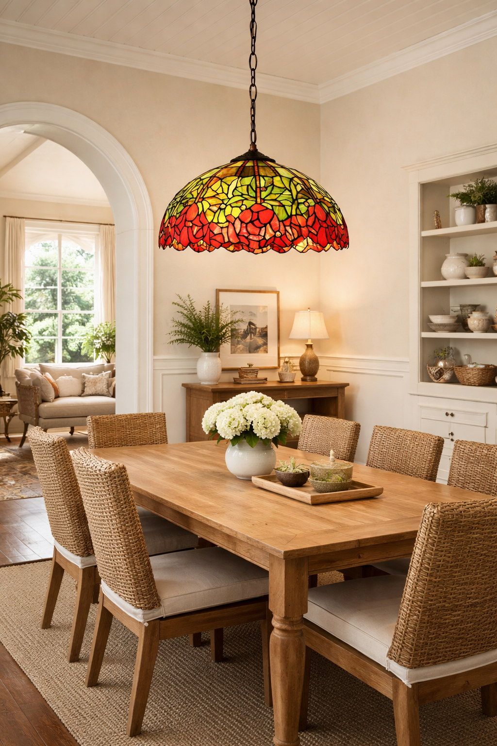 Large 16" Vintage Tiffany Rose Stained Glass Pendant Light for Dining & Living Rooms