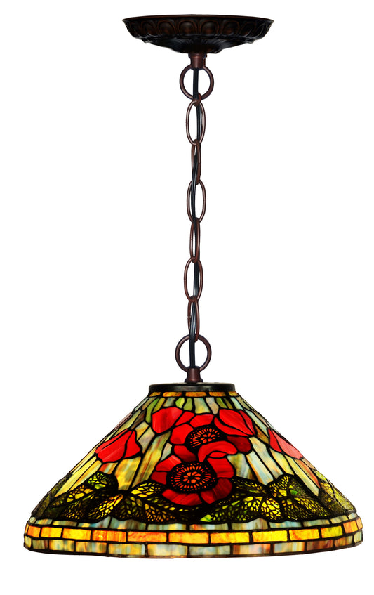 16" Tiffany Red Poppy Stained Glass Pendant Lamp – Handcrafted Art Nouveau Floral Design