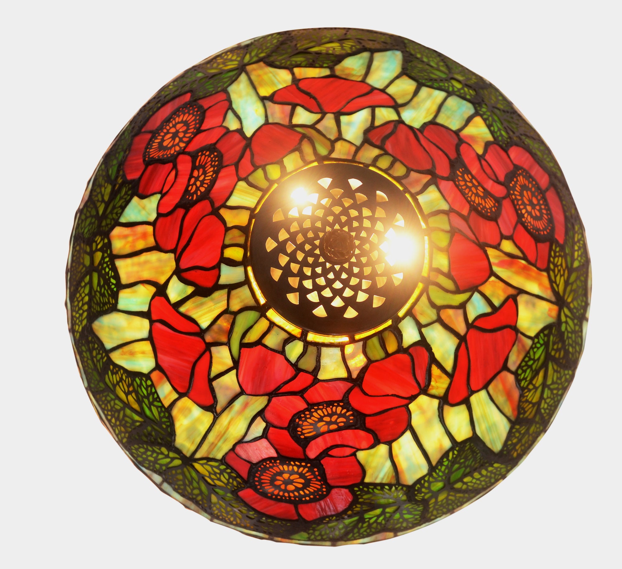 16" Tiffany Red Poppy Stained Glass Pendant Lamp – Handcrafted Art Nouveau Floral Design