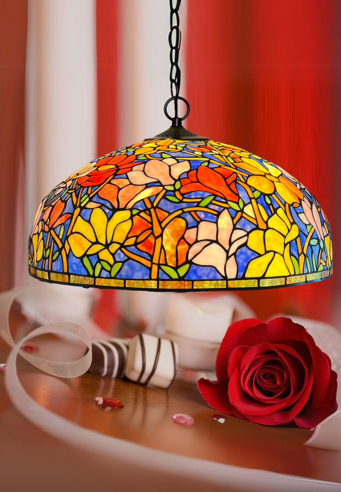 Huge 22" Magnolia Flower Stained Glass Tiffany Hanging Light