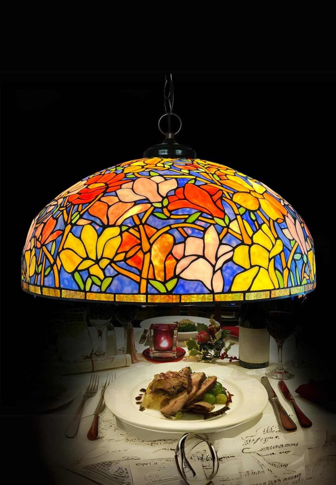 Huge 22" Magnolia Flower Stained Glass Tiffany Hanging Light