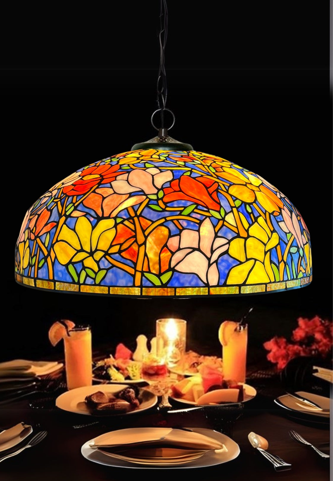 Huge 22" Magnolia Flower Stained Glass Tiffany Hanging Light