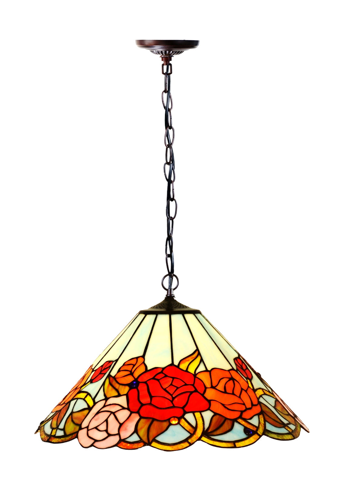 Large 18" Wide Vintage Style Red Rose Stained Glass Leadlight Tiffany Pendant Light