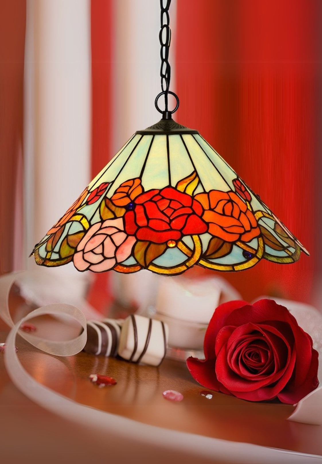 Large 18" Wide Vintage Style Red Rose Stained Glass Leadlight Tiffany Pendant Light