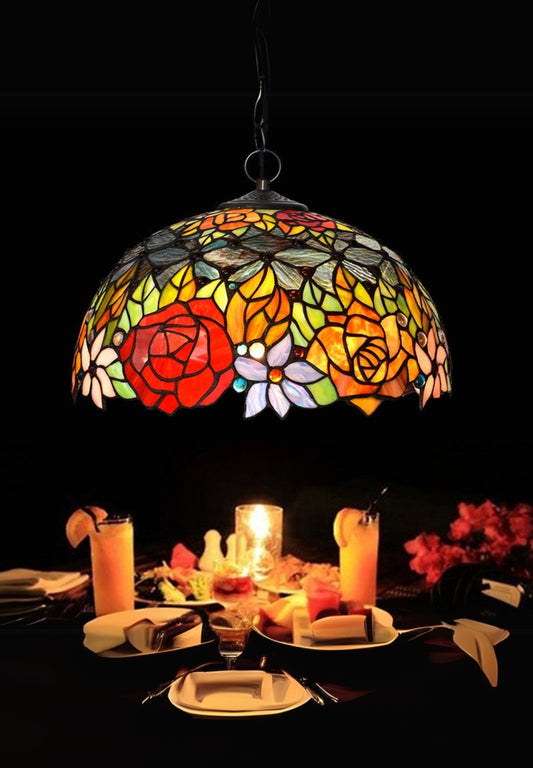 Large 16" Rose Tiffany Stained Glass Downlight Tiffany Pendant Light