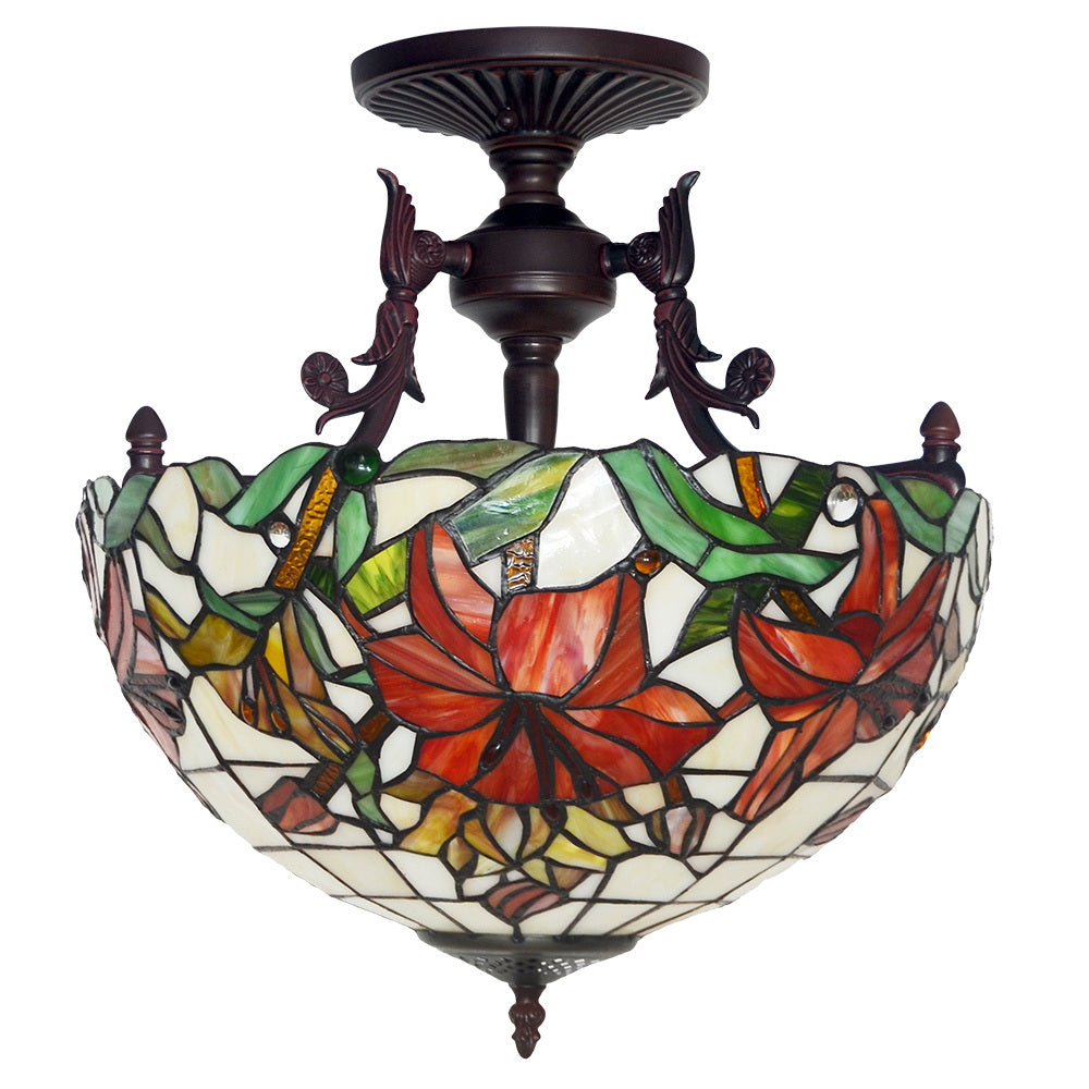 16 “ Large Elegant Red Lily Tiffany Semi Flush Mount Ceiling Light