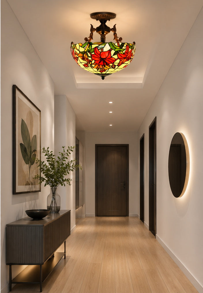 16 “ Large Elegant Red Lily Tiffany Semi Flush Mount Ceiling Light