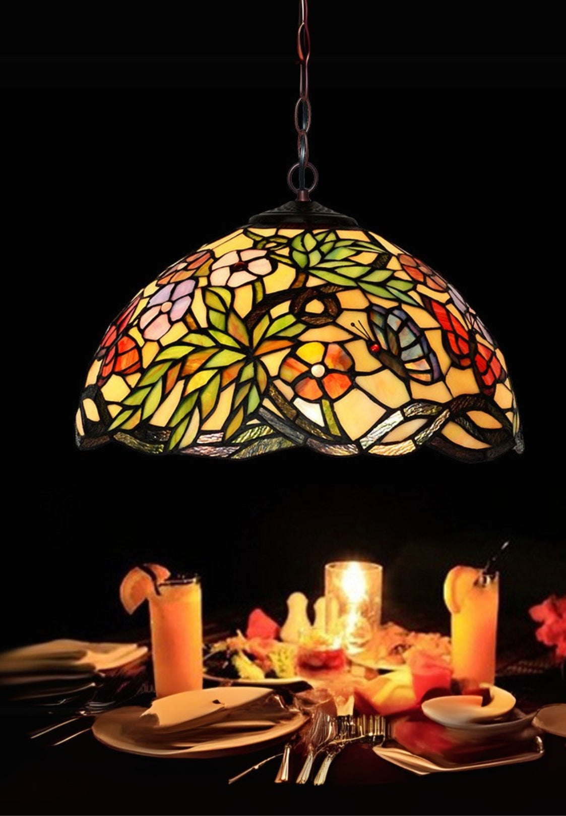 16" Flower Butterfly Style Stained Glass Leadlight Tiffany Pendant Light