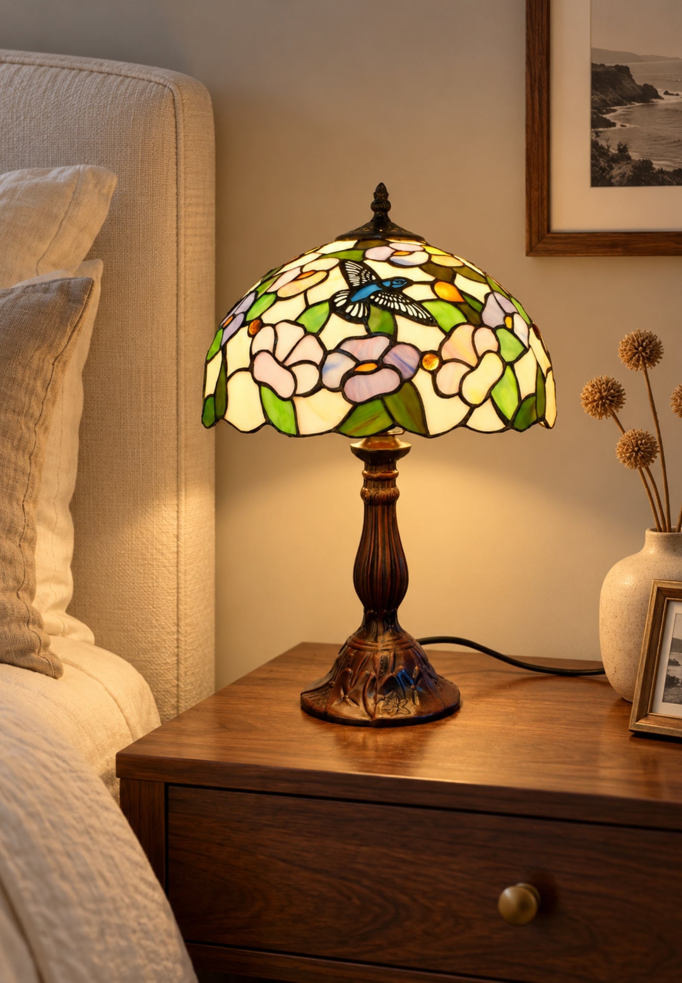 12" Hummingbird Garden Stained Glass Tiffany Bedside Lamp