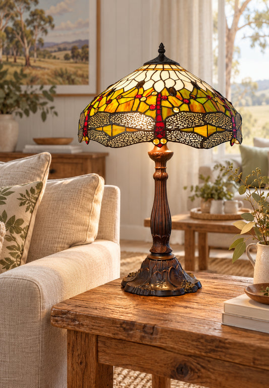 Premium 16" Amber Dragonfly Tiffany Style Table Lamp with Filigree Wings