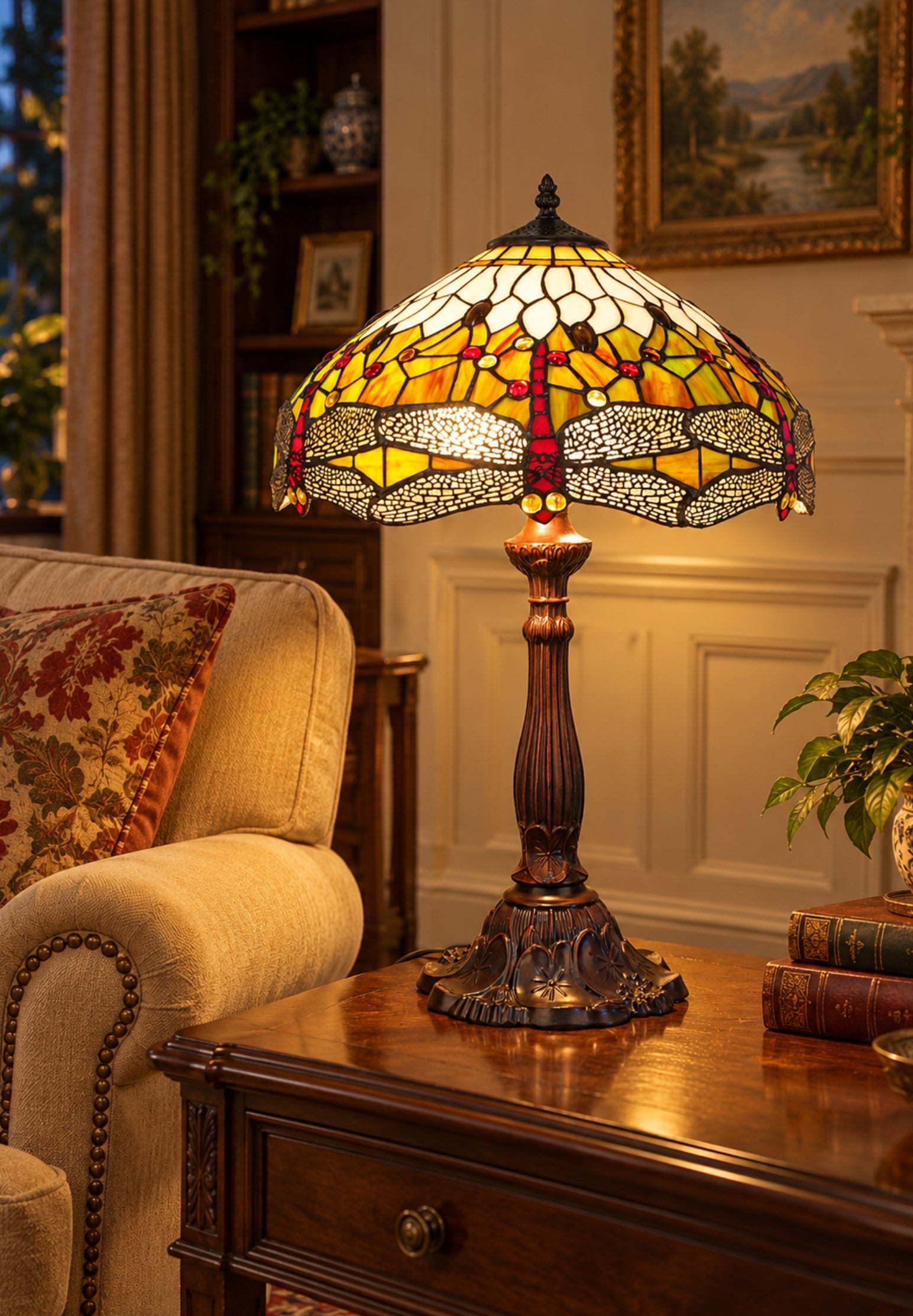 Premium 16" Amber Dragonfly Tiffany Style Table Lamp with Filigree Wings