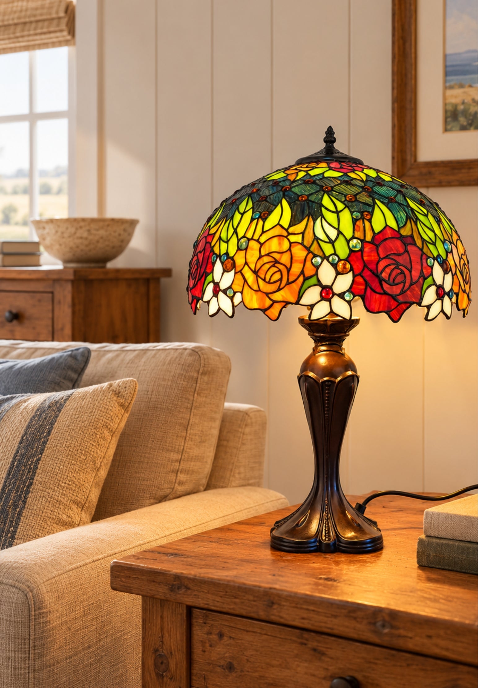 Premium 16" Rose Garden Stained Glass Tiffany Table Lamp