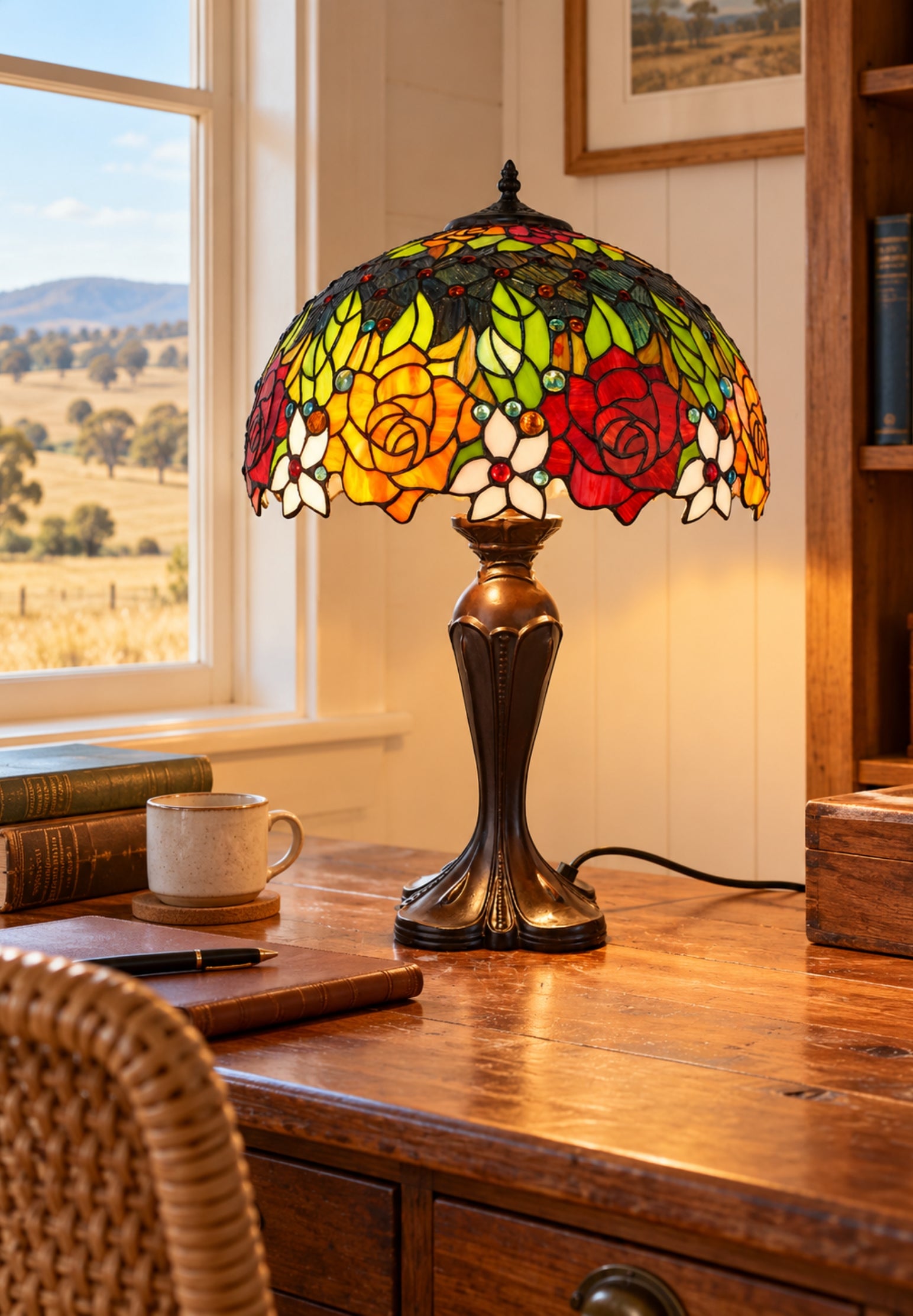 Premium 16" Rose Garden Stained Glass Tiffany Table Lamp