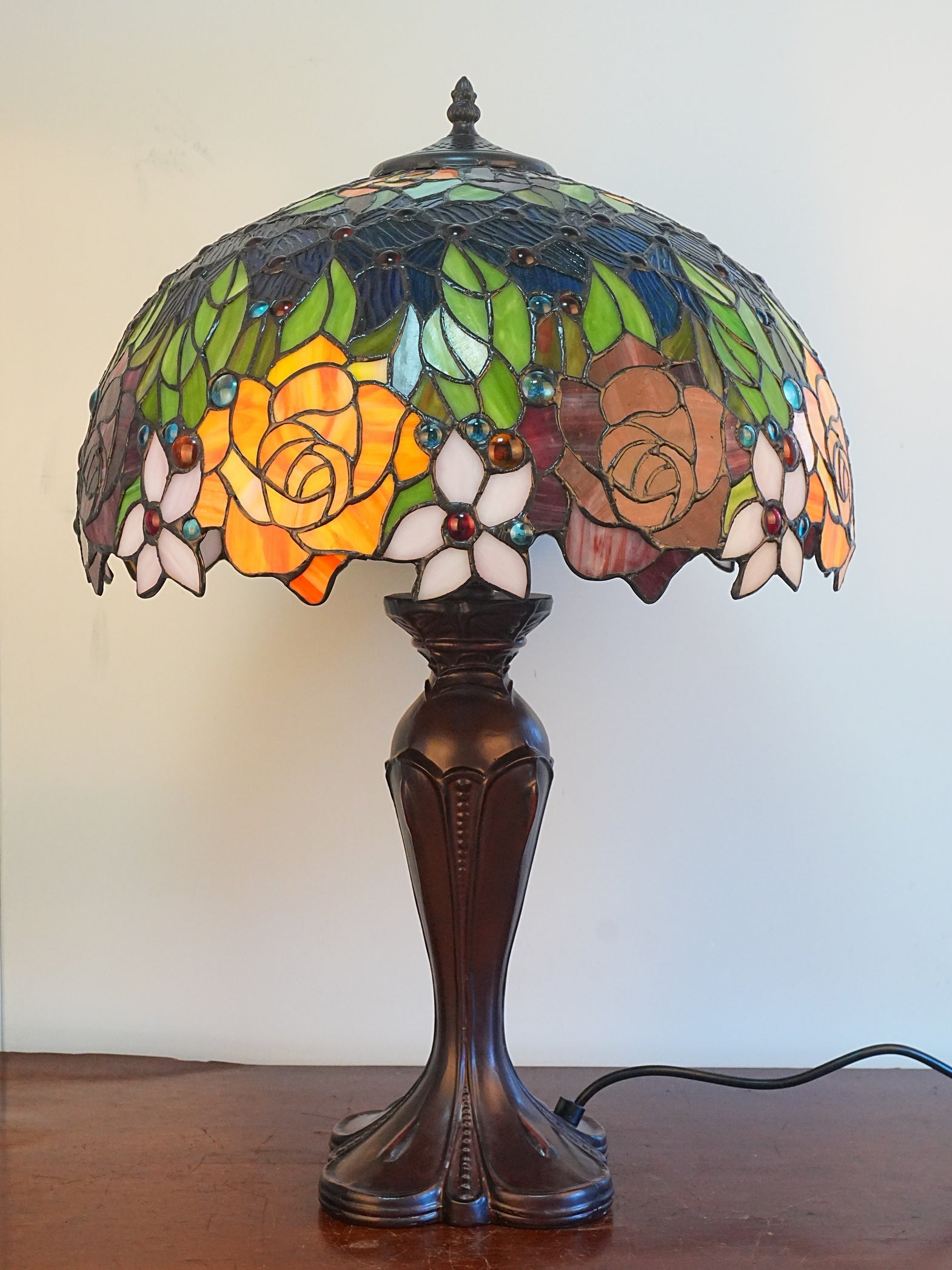 Premium 16" Rose Garden Stained Glass Tiffany Table Lamp