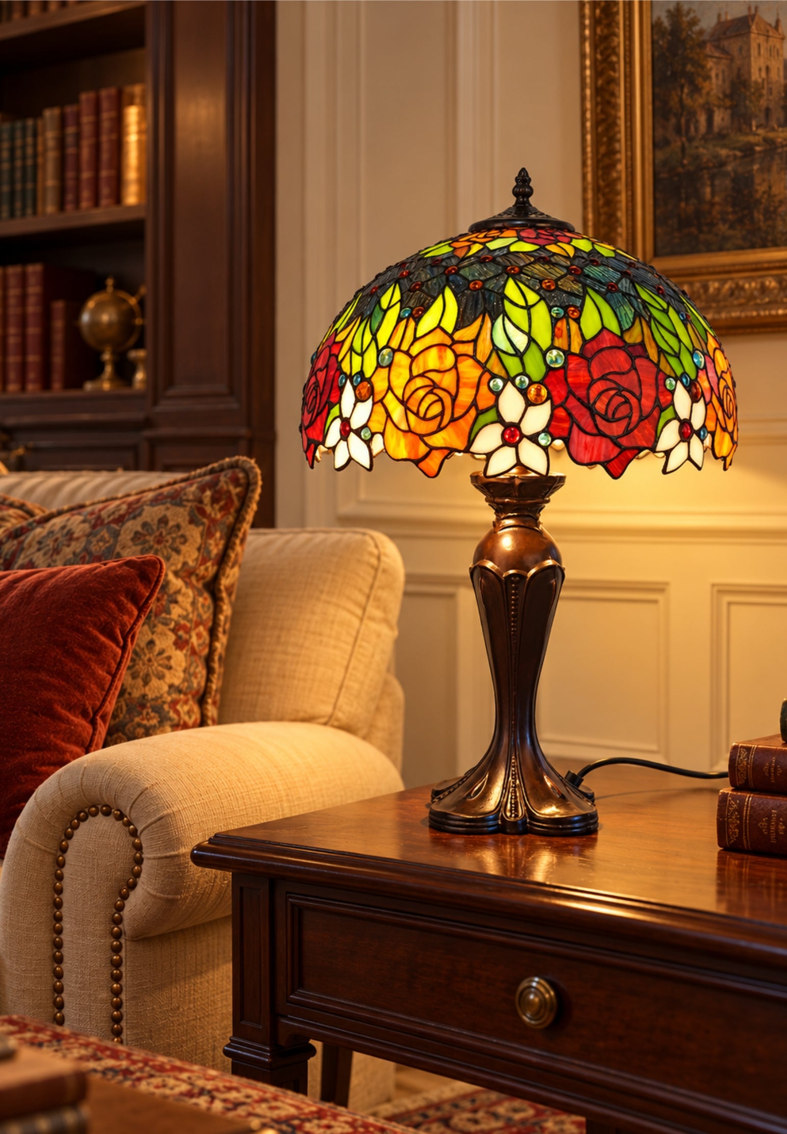 Premium 16" Rose Garden Stained Glass Tiffany Table Lamp