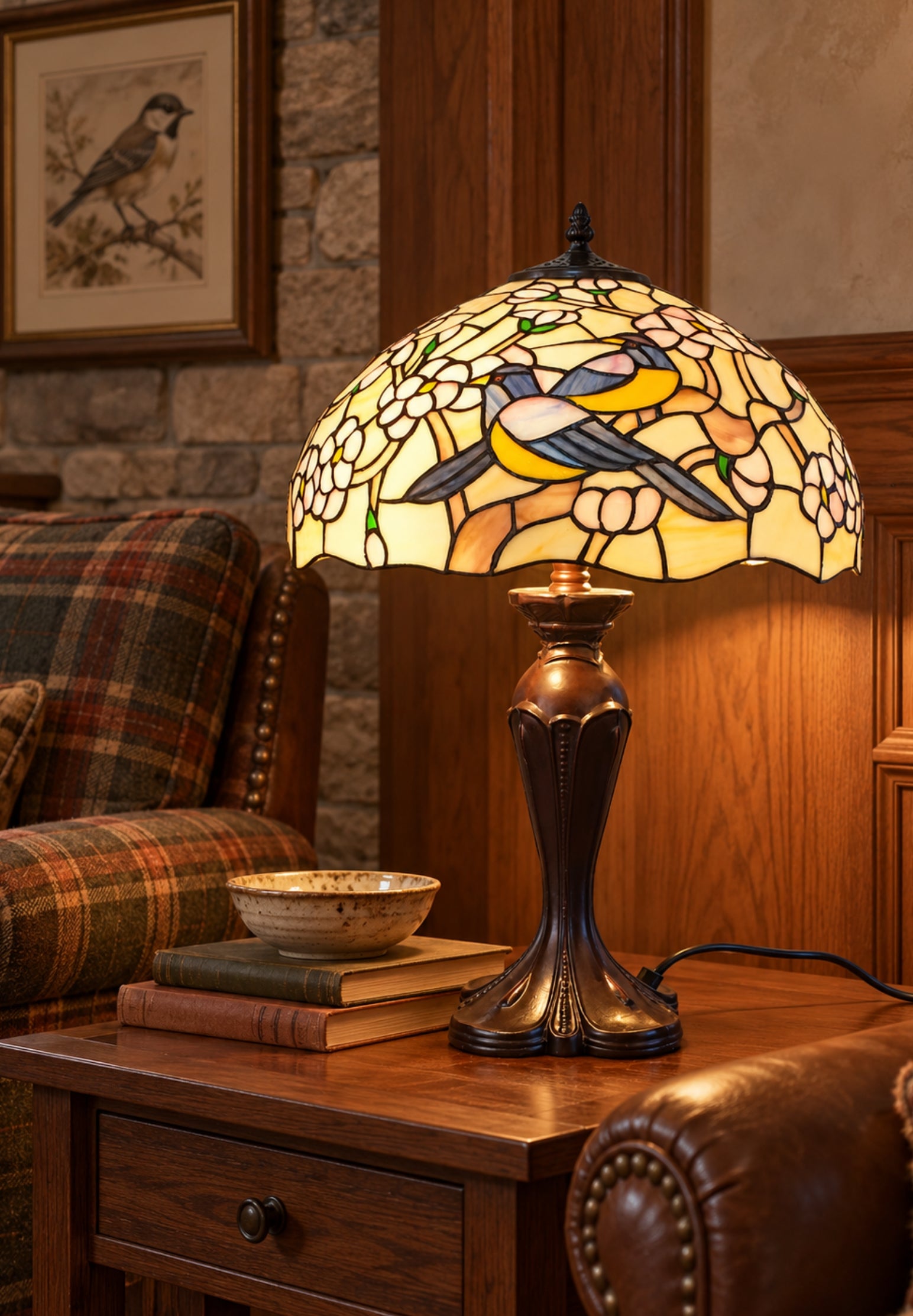Premium 16" Magpie Birds Blossom Tiffany Stained Glass Table Lamp