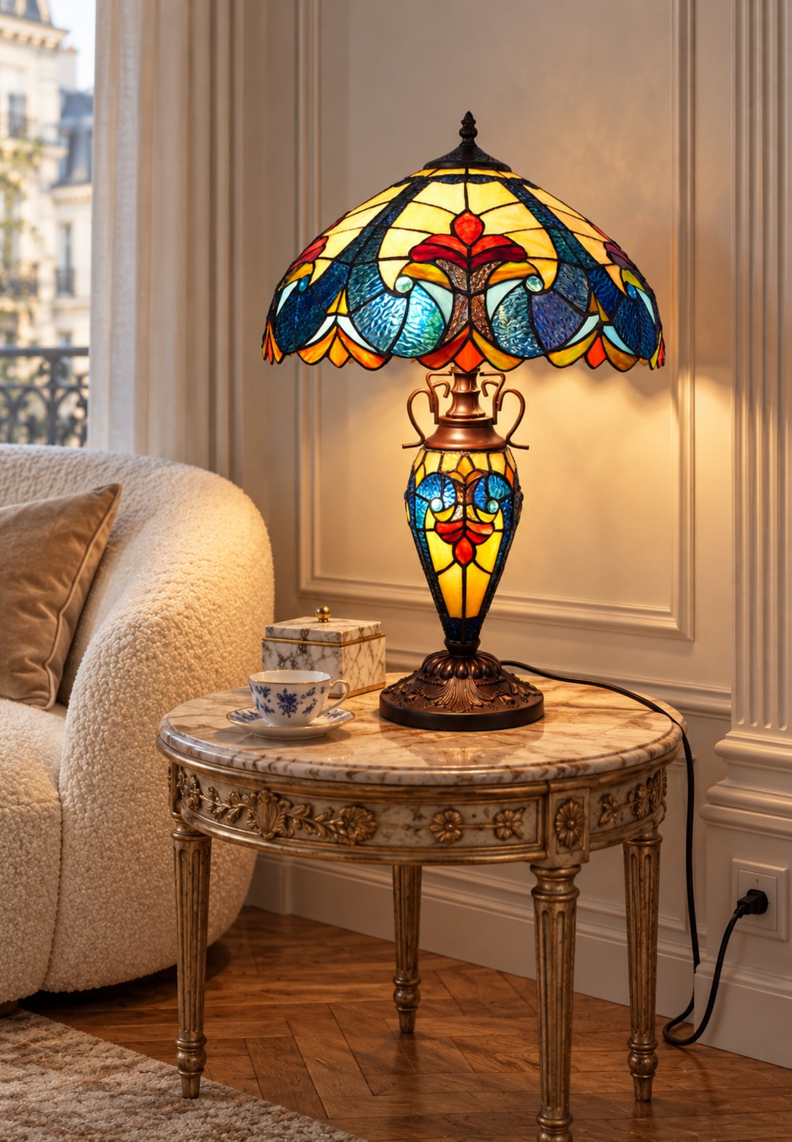 Premium 16" Blue Art Nouveau Tiffany Style Table Lamp with Illuminated Base