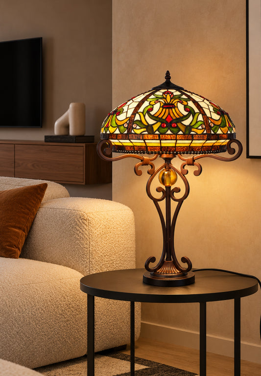 Premium 16" Amber Art Nouveau Tiffany Style Table Lamp with Scrollwork Base