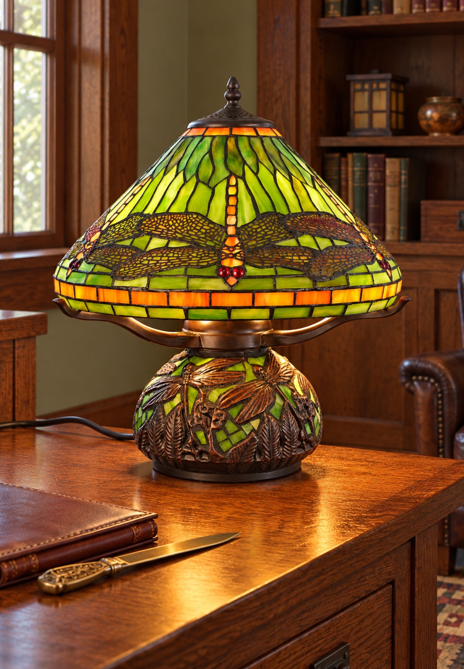 Premium 16" Green Dragonfly Tiffany Table Lamp with Mosaic Base