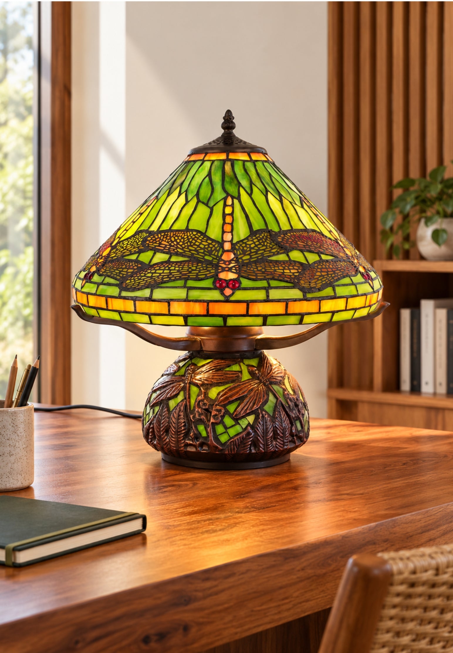 Premium 16" Green Dragonfly Tiffany Table Lamp with Mosaic Base