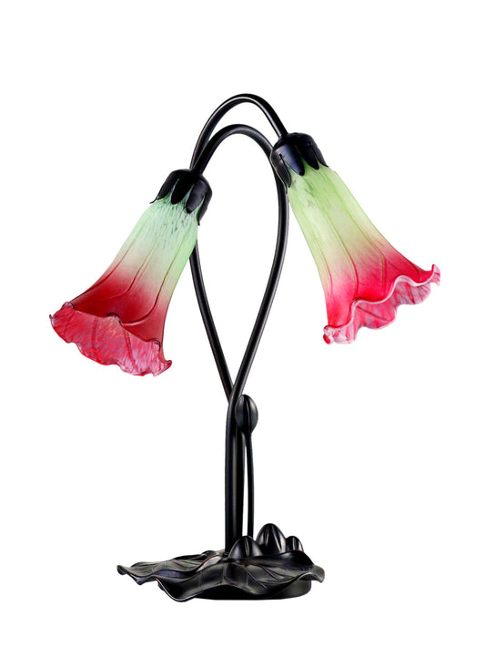 Double Branch Art Deco Tiffany Lily Table Lamp*Green Red