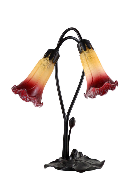 Double Branch Art Deco Tiffany Lily Table Lamp*Orange Amber