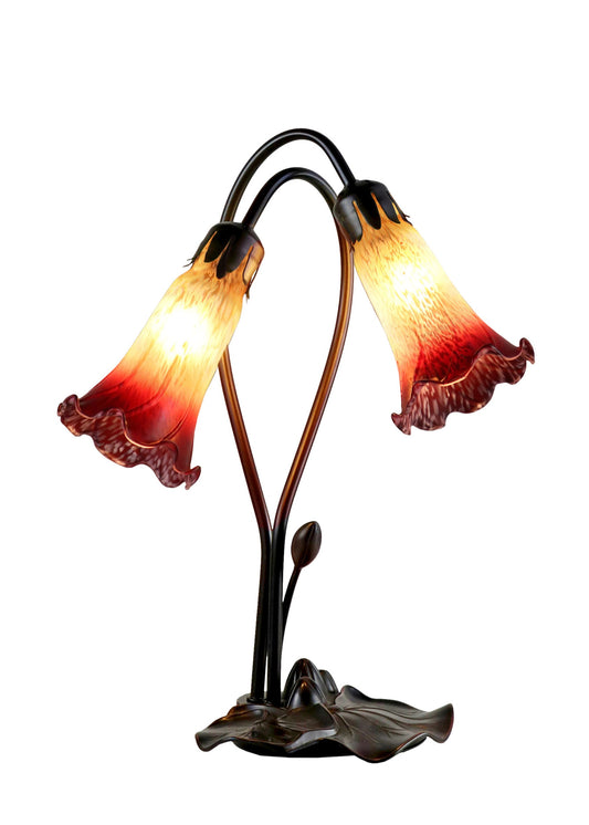 Double Branch Art Deco Tiffany Lily Table Lamp*Orange Amber