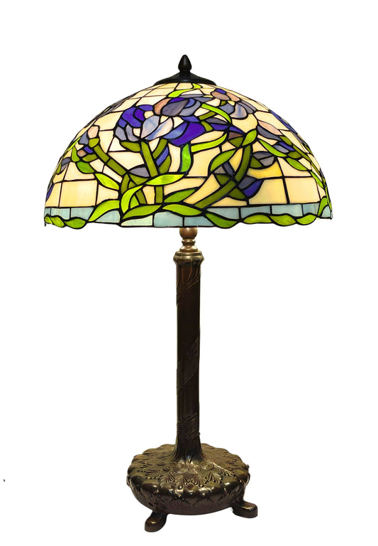 18" Iris Tiffany Style Table Lamp – Handcrafted Stained Glass Floral Lamp with Vintage Bronze Base