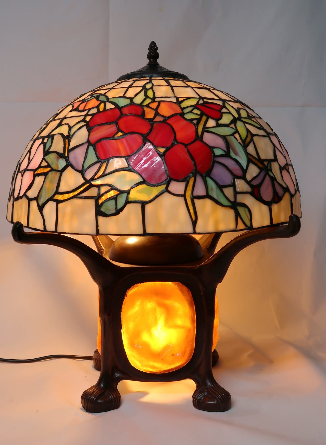 Legend Collection@Reproduction Tiffany Pansy Table Lamp  With "Turtleback Tile" Lighted base