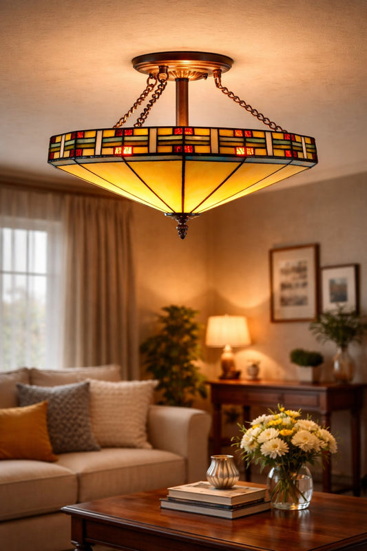 Large 16 inches Mission Tiffany Style  Geometric Semi Flush Mount Ceiling Lights