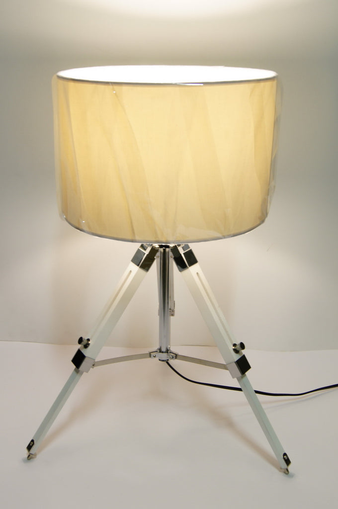 industrial style Tripod Table Lamp White shade with white wooden base