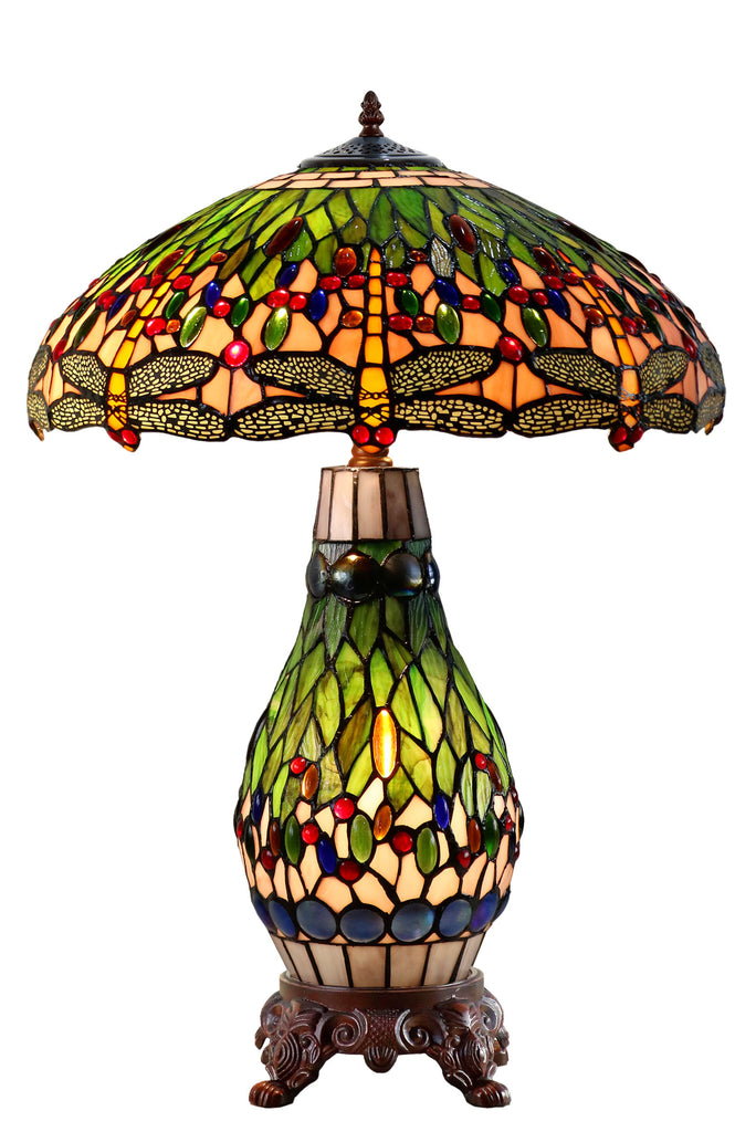 Large 18" Green Traditional Dragonfly  Tiffany Table Lamp with Lighted Base