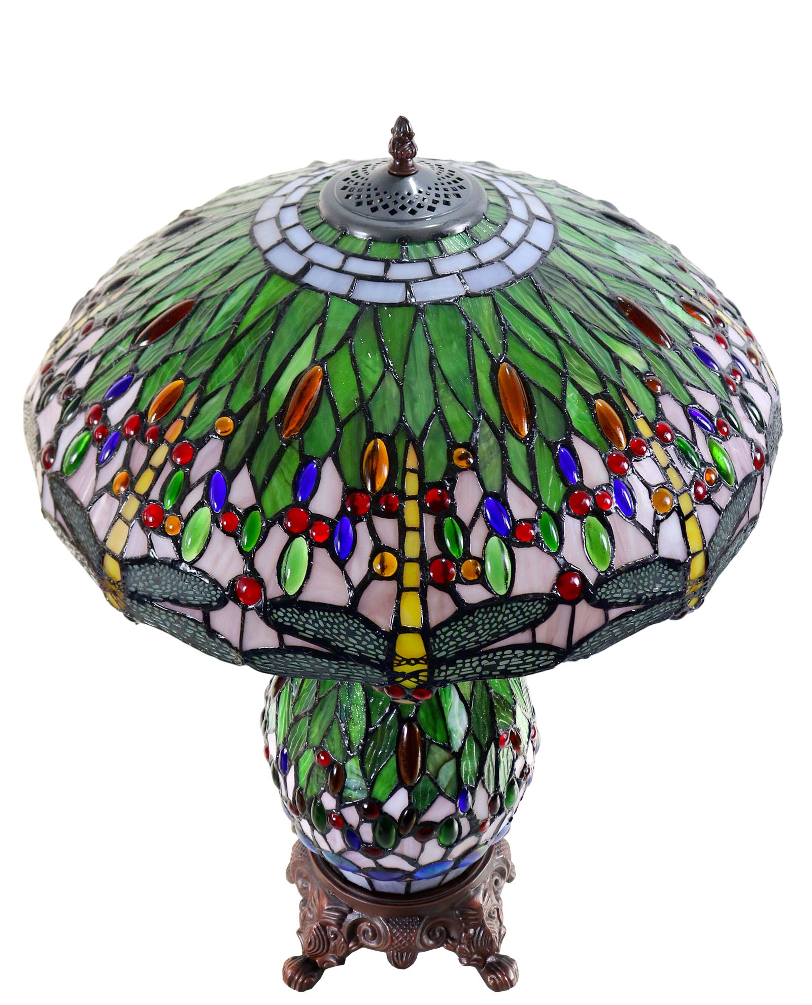 Large 18" Green Traditional Dragonfly  Tiffany Table Lamp with Lighted Base