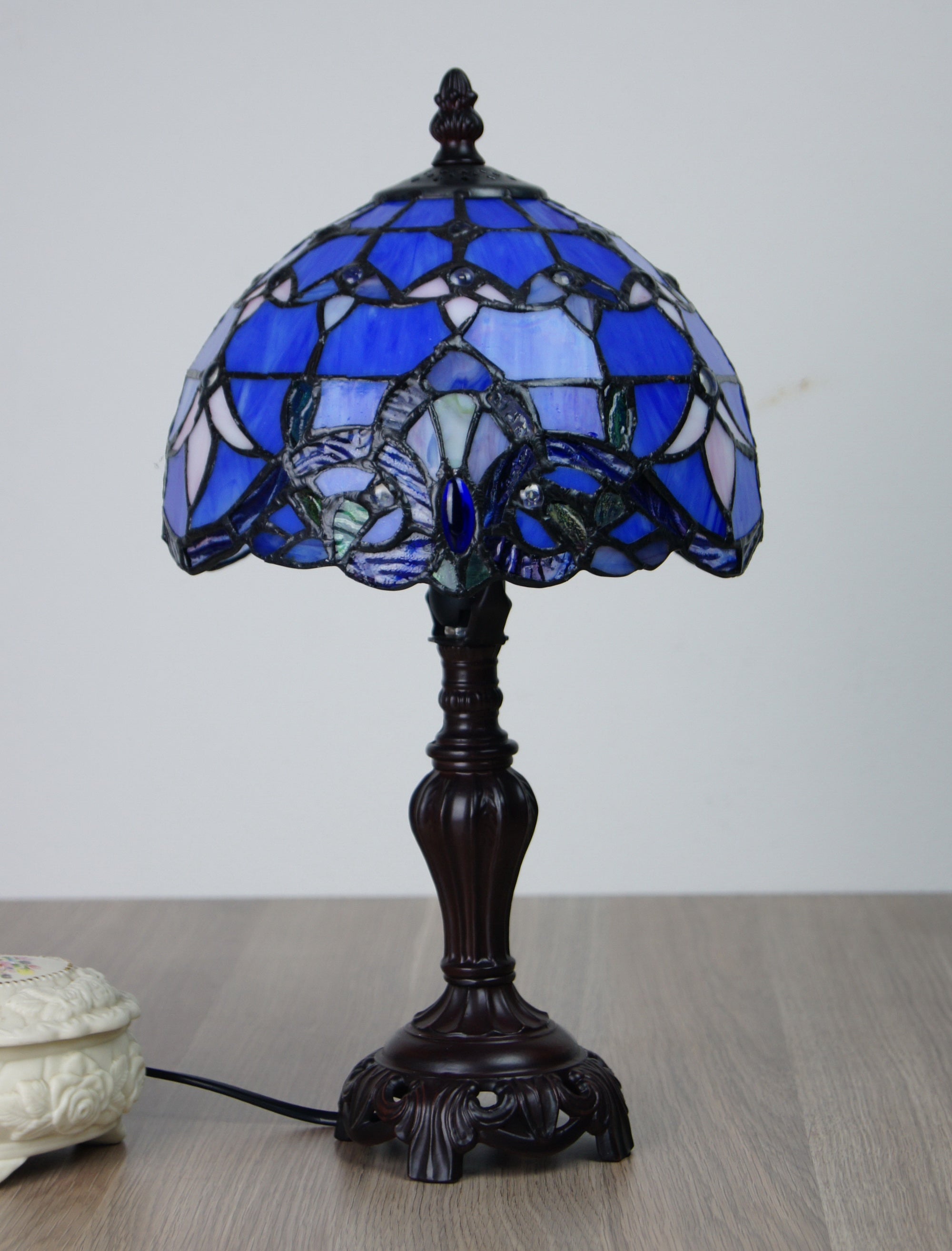 Stunning 8" Blue  Baroque Style Tiffany Mini Table Lamp