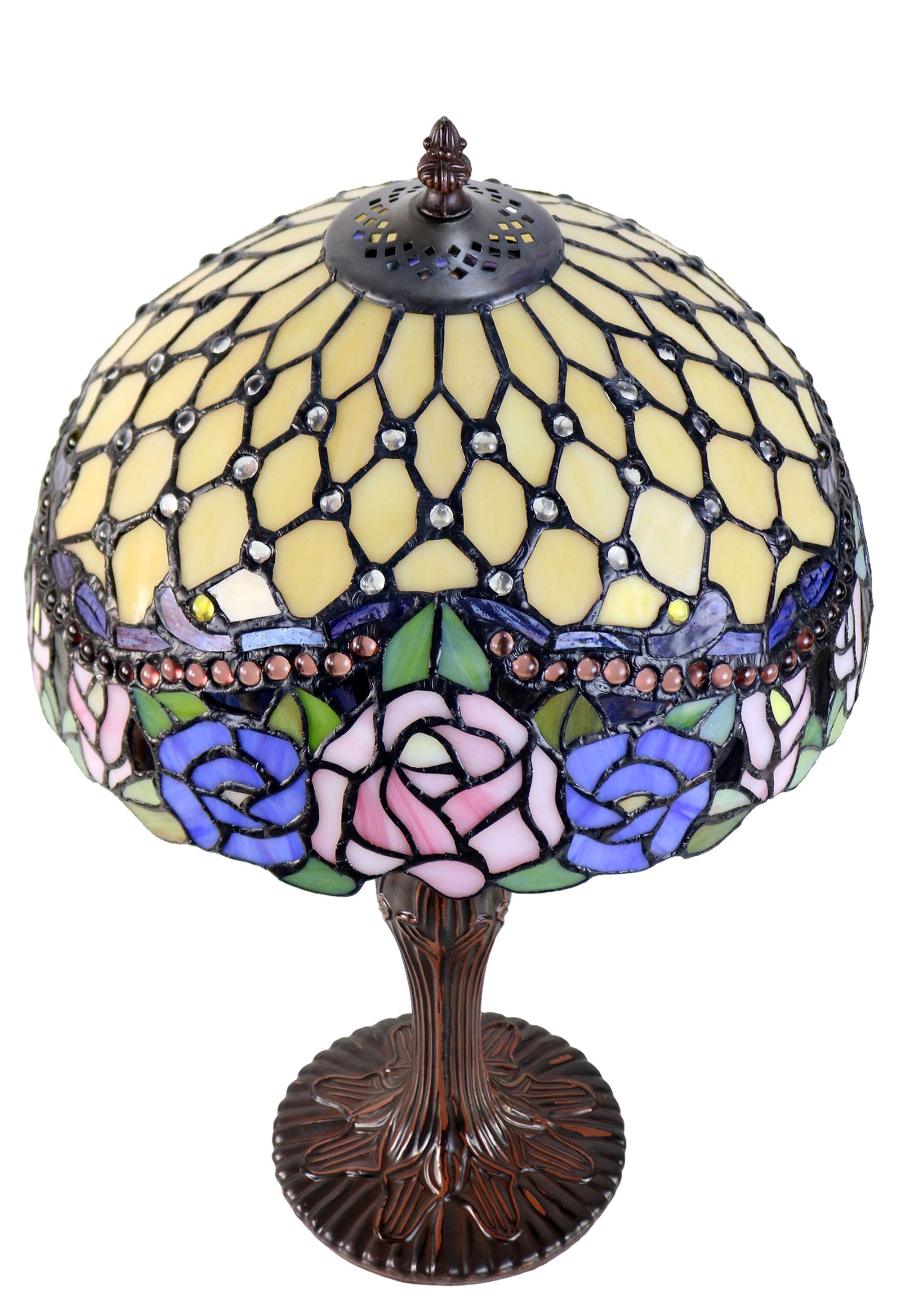12" Jeweled Rose Style Leadlight Stained Glass Tiffany Bedside Lamp