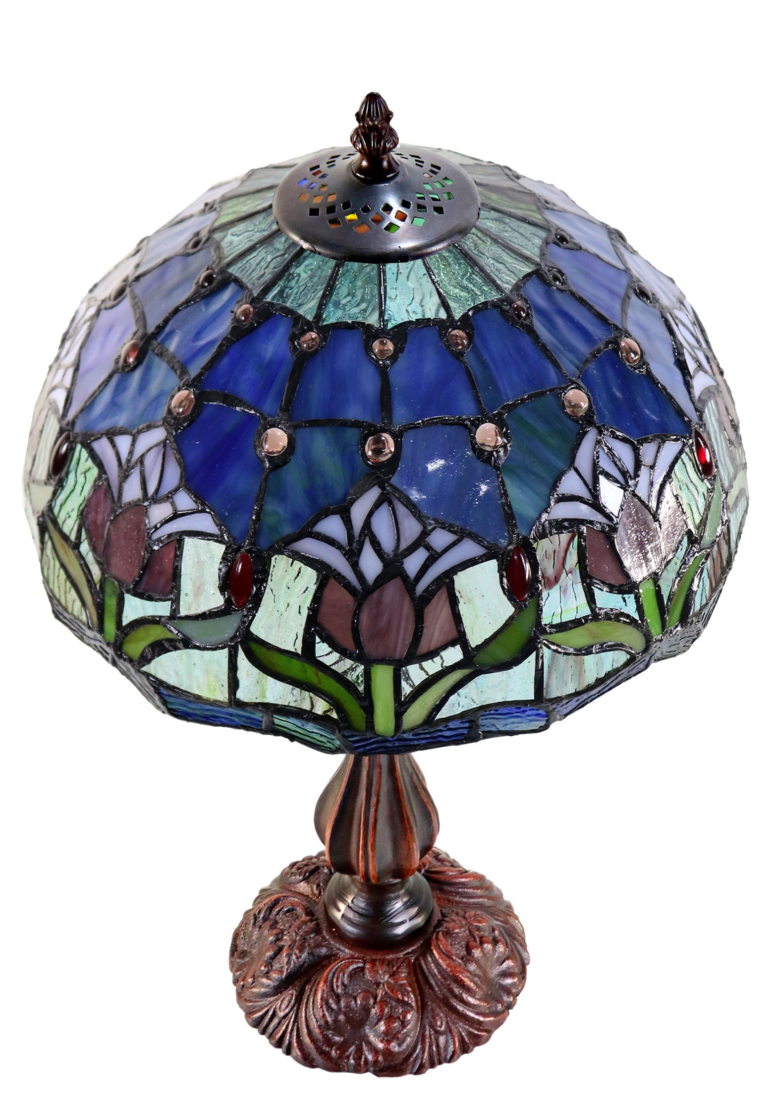 12" Blue Colonial Tulip Style Tiffany Bedside Lamp
