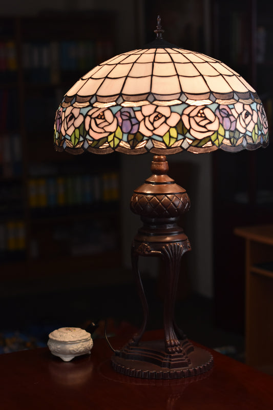 Huge 20" Tiffany Reproduction Chandell Rose Traditional Table Lamp