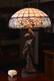 Huge 20" Chandell Rose  Stained Glass Tiffany Table Lamp with Lady peacock Base