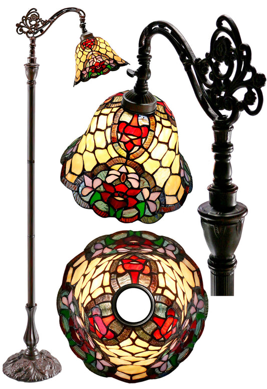 Red Camillia Style Leadlight Stained Glass Bridge Arm Tiffany  Floor Lamp