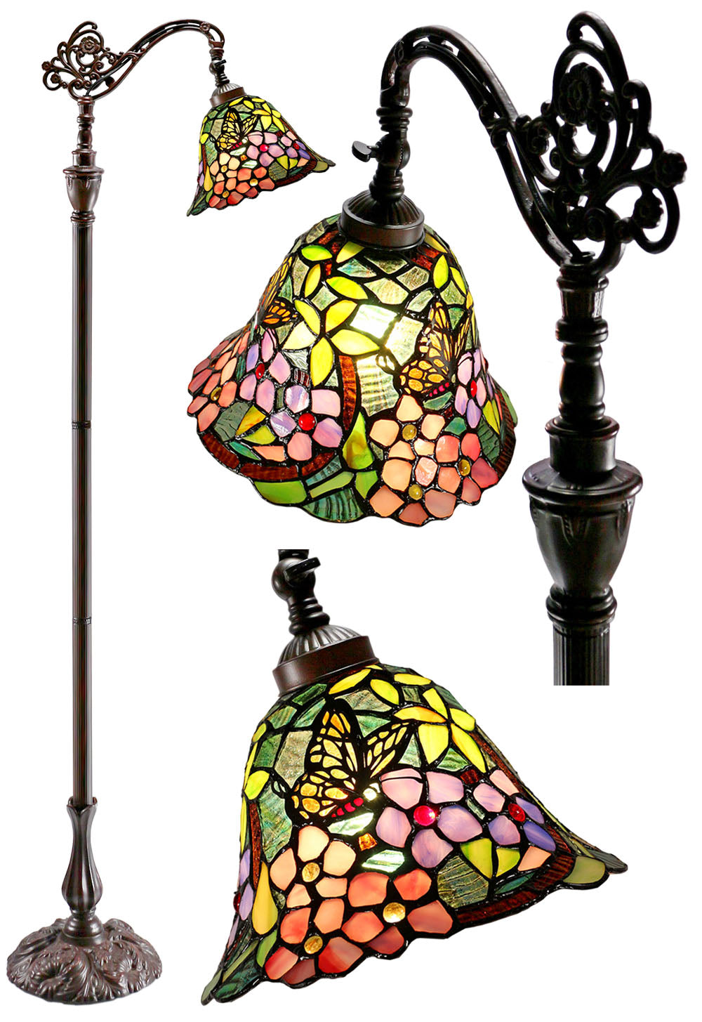 Vivid Buterfly Leadlight Stained Glass Bridge Arm Tiffany  Floor Lamp