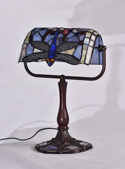 Traditional Dragonfly Tiffany Stained Glass Banker Lamp