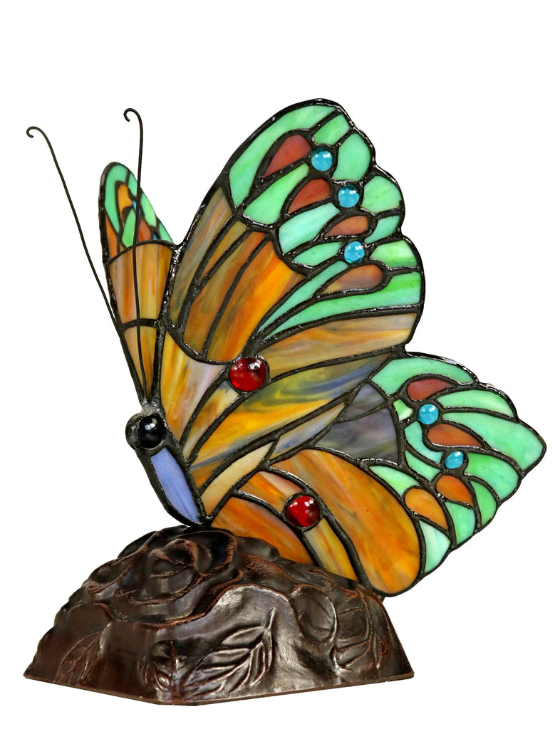 Green Orange Butterfly  Tiffany Leadlight Stained Glass Art Deco Table Lamp