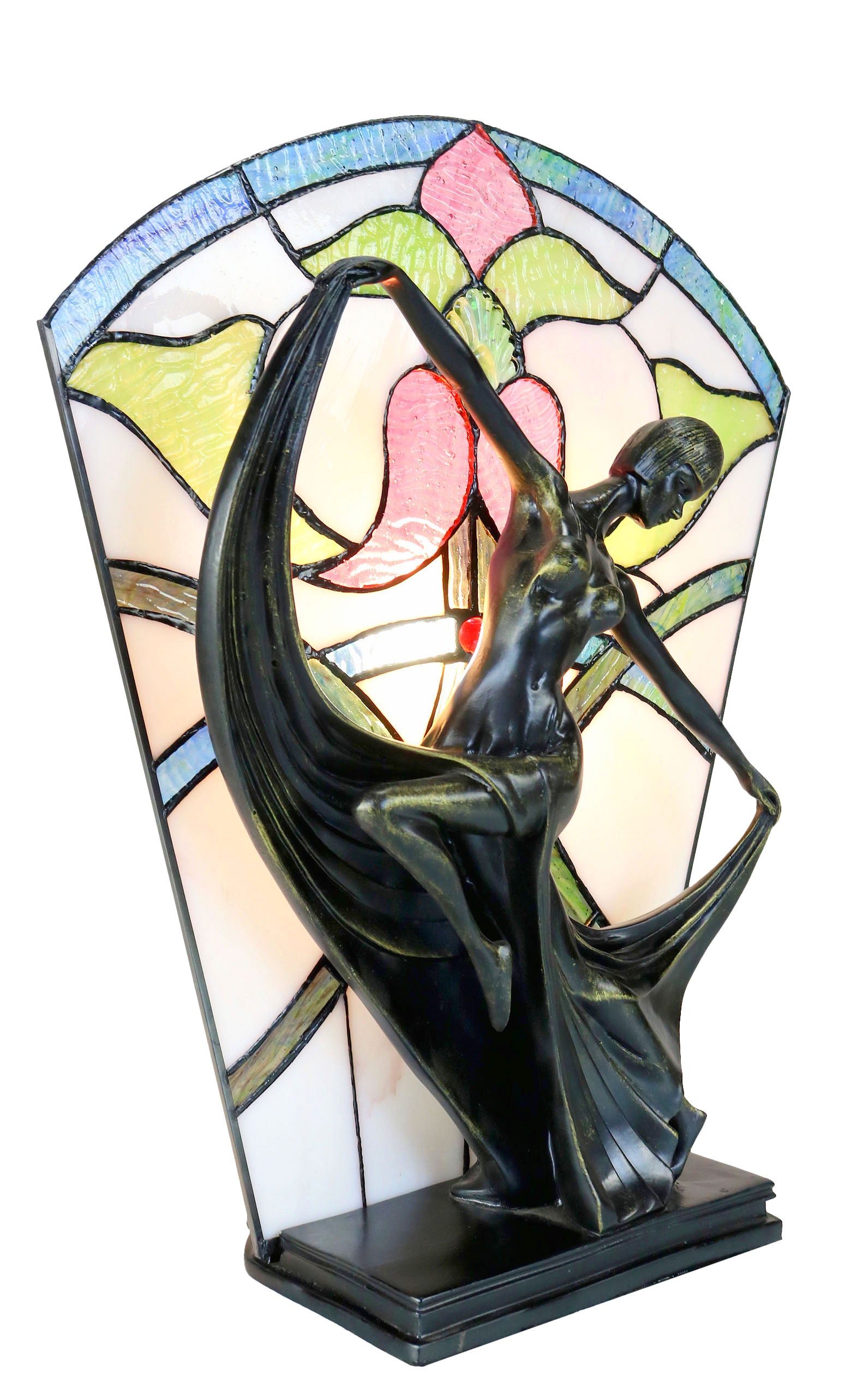 Floral Art Deco Dancer Figurines Tiffany Stained Glass  Lamp