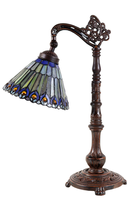 Peacock Style Leadlight Stained Glass Bridge Arm Tiffany  Table Lamp