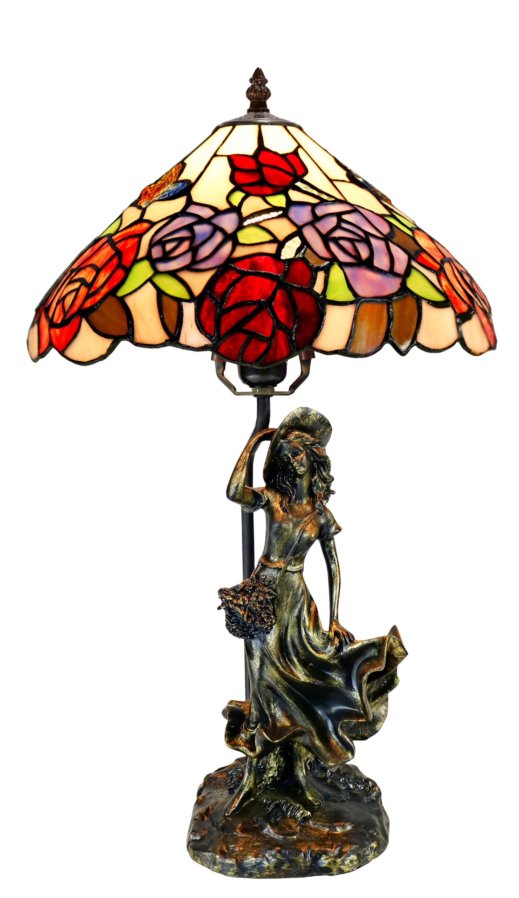 Hannah 12" Rose Butterfly Tiffany Bedside Lamp with Lady  Sculpture Base