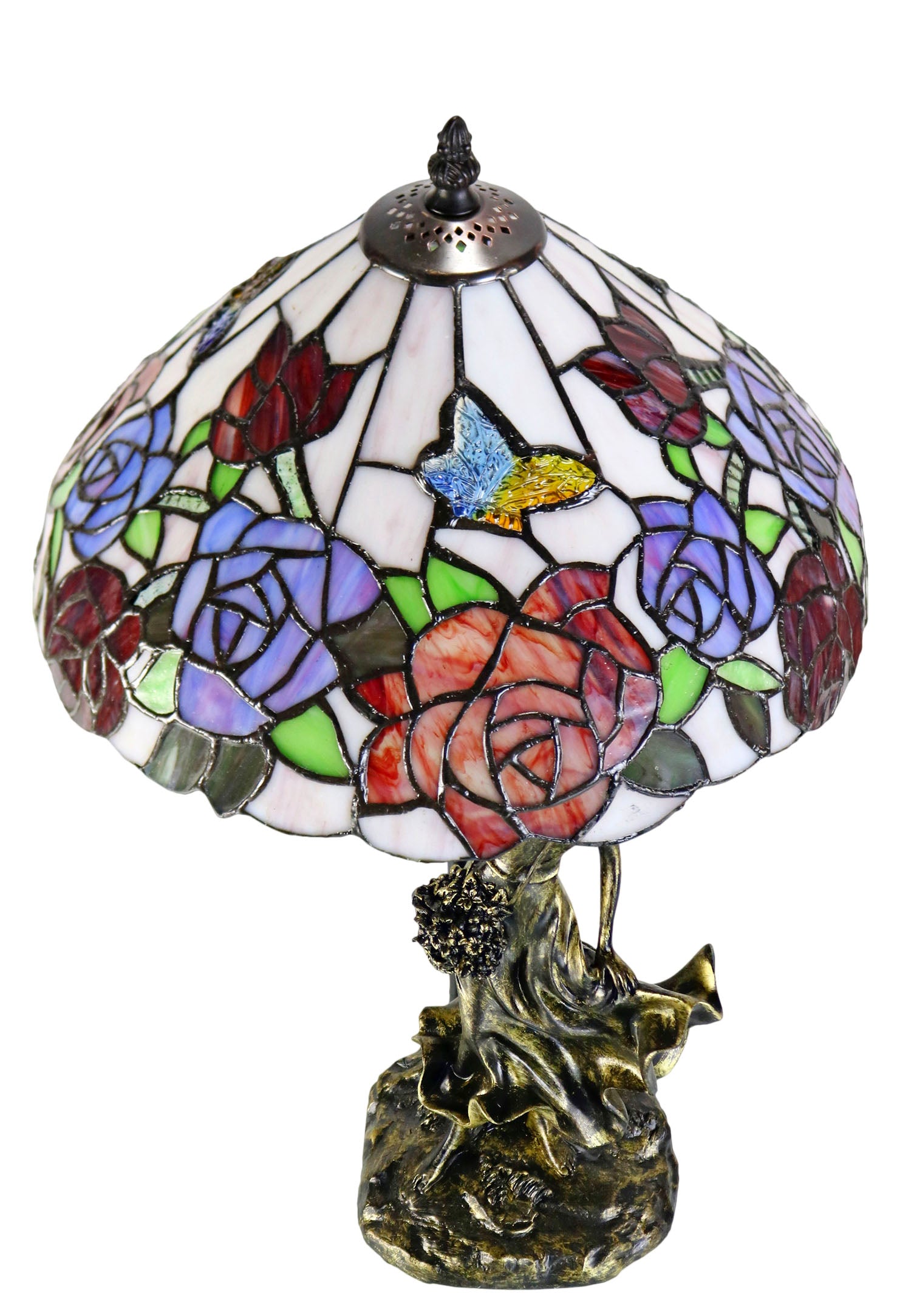 Hannah 12" Rose Butterfly Tiffany Bedside Lamp with Lady  Sculpture Base