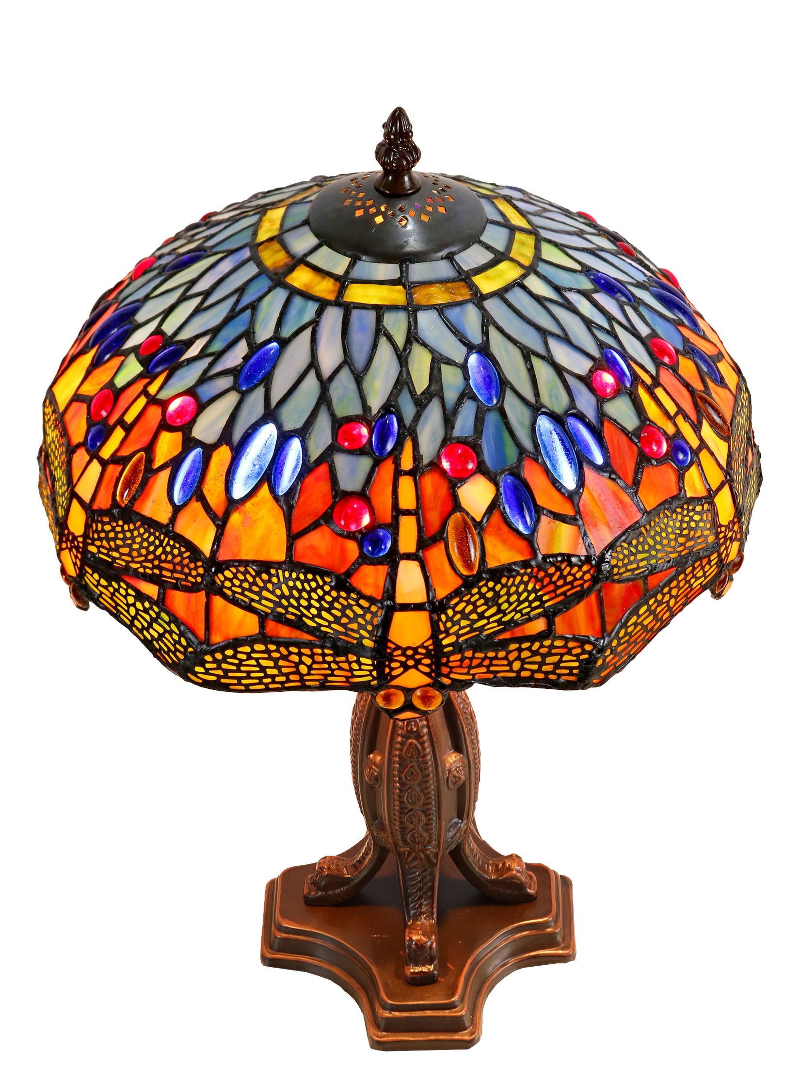 12" Red Dragonfly Style Tiffany Bedside Lamp With Antique Style Metal Base